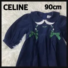CELINE　セリーヌ★ベロアワンピース　ネイビー　90cm　ロゴ刺繍　リボンのサムネイル