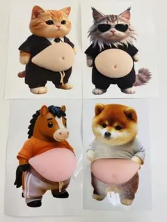 3D猫&柴犬&ポニーお腹ぷにぷにシール 4匹セット スクイーズ もっちり 肉球