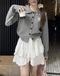 グレー 襟付きニットカーディガン