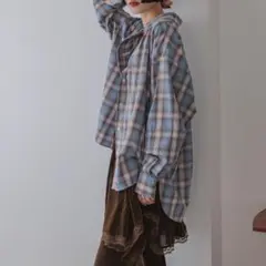 ローリーズファームLOWRYSFARM アソートチェックBIGシャツ ブルーのサムネイル