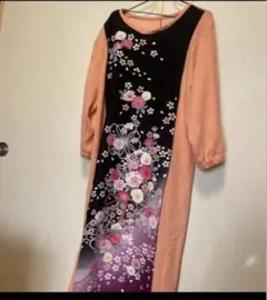 12着物リメイク「ロング割烹着又はチュニック」Mサイズ　桃色＆花柄
