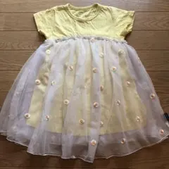 ムージョンジョン　イエローチュールワンピース半袖 花柄刺繍