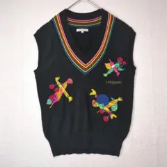LEONARD (L) ニットベスト 刺繍 Vネック ヴィンテージ 黒系 古着のサムネイル