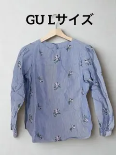 GU 長袖ブラウス ストライプ ブルー 花柄 刺繍 Lサイズ