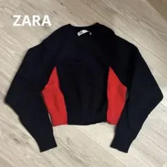 ZARA ネイビー/レッド クロップドニット M