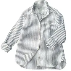 無印良品 リネン100% ストライプシャツ M 白×グレー 涼感 洗える
