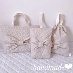 レッスンバッグ.体操服入れ.上靴袋3点セット♡ハート柄キルティング(ホワイト)