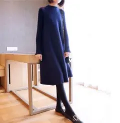 ネイビー ニット 長袖 ロングワンピース