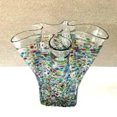 【美品】カラフル　ドット　模様　ガラス　花瓶　フラワーベース　ビードロ