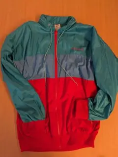 アディダス　ナイロン ジャンパー 青 赤 フード付き(古着)