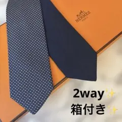 【箱付き✨】HERMES ネクタイ　2way ネイビー　ファソネ　紺　H柄　細身のサムネイル