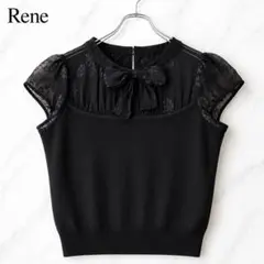 美品✨ ルネ 半袖ニット カットソー シルク シアー 花柄 リボン 38 黒のサムネイル