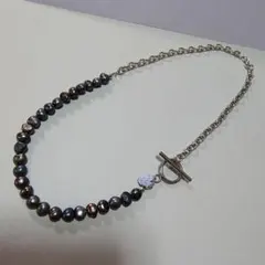 天然石 ピーコックブルー 淡水パール シルバー マンテル チェーン ネックレス