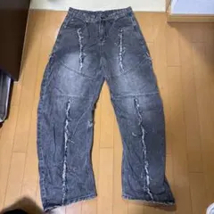ダメージ加工ダークグレー ワイドデニムパンツ