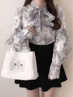 【al121】花柄フリルボウタイオーガンジーブラウス