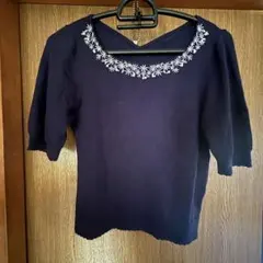 ビジュー付き 5分袖ニット ネイビーニット