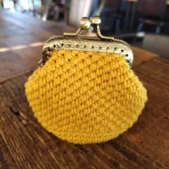 ハンドメイドかぎ針編み 角口金ミニがま口ポーチ マスタードイエロー コインケース