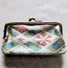 AYANOKOJI 刺繍ポーチ ベージュ　鏡付きがま口リップケース　和風　着物