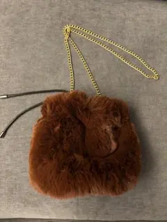 ブラウン ファー 巾着型ショルダーバッグ