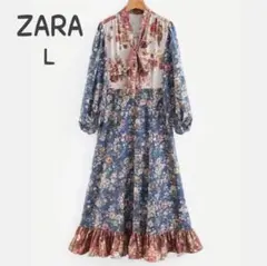 ZARA　WOMAN　花柄ワンピース　ボウタイ　L　マルチカラー　総柄　フリル