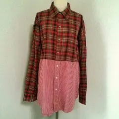 ●USA古着リメイク329◇チェック＆ストライプ切り替えシャツ