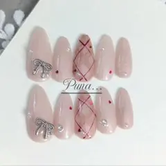 現品ネイルチップ　フレンチガーリー量産型　ワンホン韓国リボンハートホロチェック赤