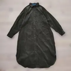 【CUBE SUGAR】コーデュロイシャツワンピース　カーキ　デニム使い　ワーク