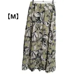 【大判花柄】ロングフレアスカート イエロー×ネイビー M 裏地付き ボタニカル