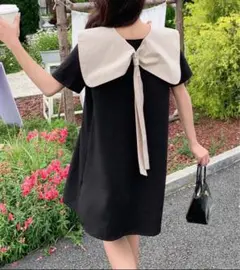 黒のリボン襟Aラインミニワンピース