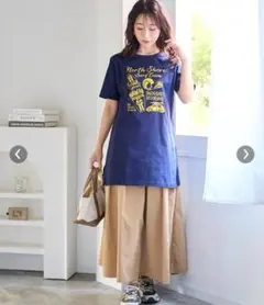 Tシャツ チュニック Lサイズ 濃紺・黄色プリントのサムネイル