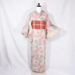 夏着物 単衣 紗紬風 花文様 薄物 夏紬　化繊　単品　身丈159 裄丈67.5のサムネイル