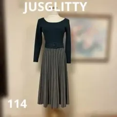 JUSGLITTY ニット×プリーツ ワンピース ベルト付き サイズ1 グリーン