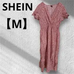 SHEIN 【M】花柄　総柄　袖フレア　カシュクール　ロングワンピース　ピンク