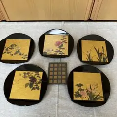 漆器プレート 5枚セット 花柄　約15㎝　内径9㎝　金沢　金銀箔工芸　箔一
