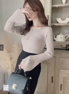 GRL スクエアネックフレアスリーブリブニットトップス[k9153c] ベージュ