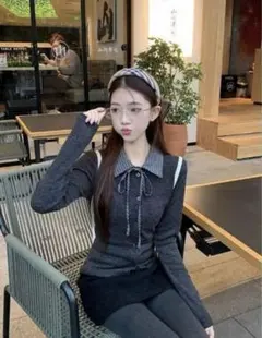 SHEIN レディースチェックパッチワークリボンニット　韓国風