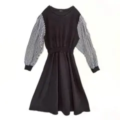 レディース　チェック柄　ウエストゴム　長袖ワンピース