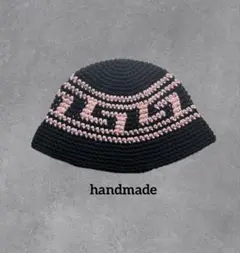 クラッシャーハット　ブラック×ピンク　雷紋　ビーニー　バケハ　ニット帽　男女兼用