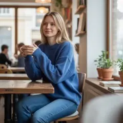 青いクルーネック長袖セーター