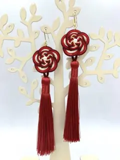 【水引】梅結びのタッセルピアス 緋①