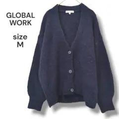 GLOBAL WORK　Vネックニットカーディガン　M　ネイビー　ウール混　古着
