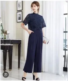 【美品】フロリア サークル柄レースセットアップ風結婚式パンツドレス M ネイビー