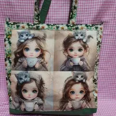 ハンドメイド、女の子パネルビッグサイズトートバッグ