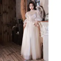 C147高級  ウェディングドレス パーティー パフスリーブ 透明感ハイネック