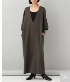 【e/rmゆったりあったか着心地 フカＶネックニットワンピース チャコールグレー