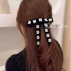 No.76 ベロアリボンフラワーパールヘアバレッタ 韓国 花 量産型 地雷