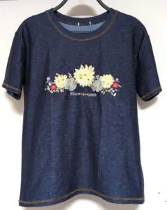FOUR 3 ZERO 花柄刺繍 Tシャツ 半袖 デニムブルー