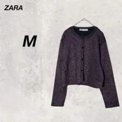 ザラ　カーディガン　M　黒　ピンク　ラメ　ストレッチ　カジュアル　羽織り　重ね着