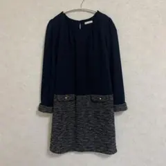 ViS ネイビー 長袖ひざ丈ワンピース