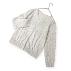 ジーユー（L）Vネック ニットセーター 杢グレー ウール混 シンプル オフィス